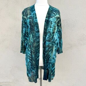 NIC + ZOE long cardigan sweater button down colorful knit blue green abstract 2X